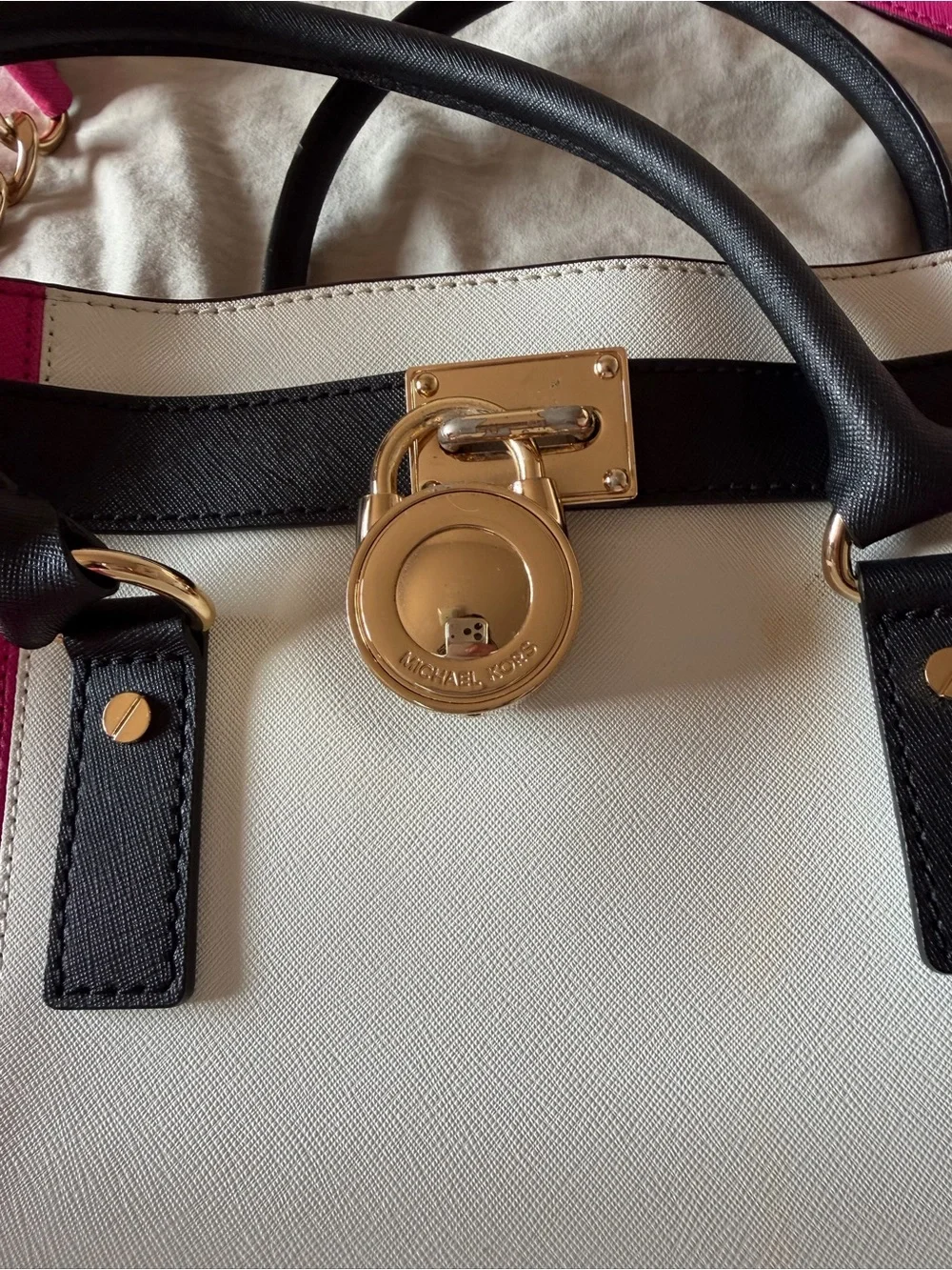 Women's Pink and White Colorblock Satchel Tote